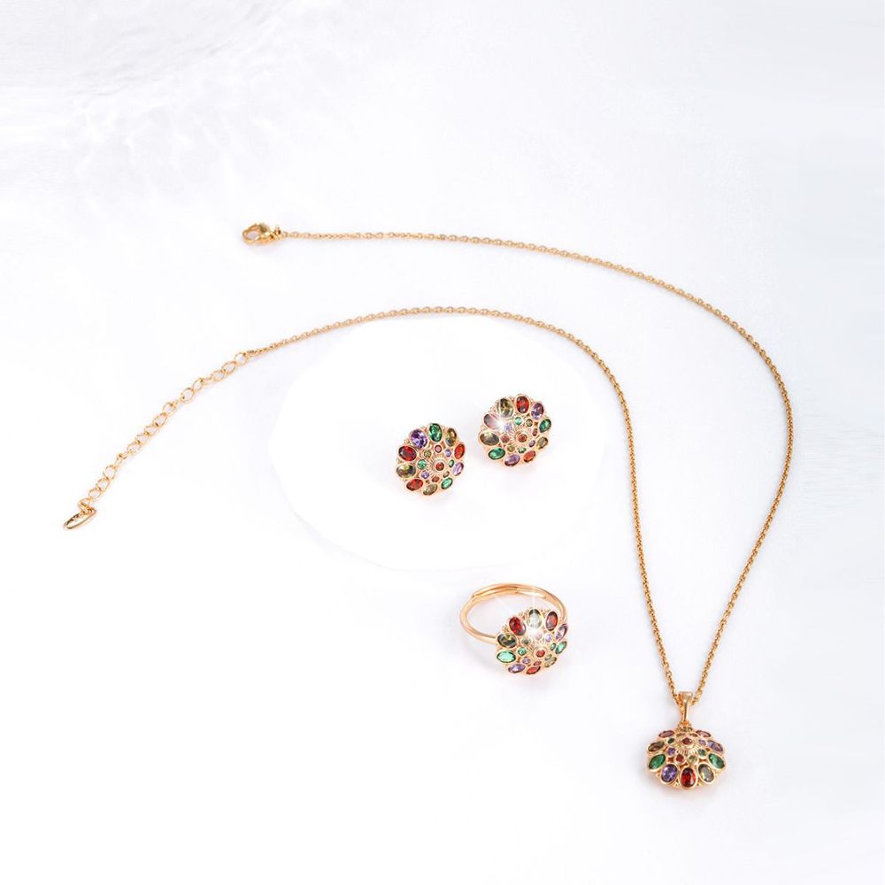 Colored crystal earrings ring necklace set