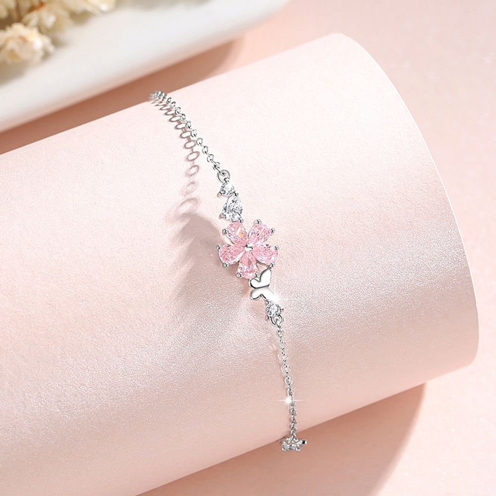 Sterling Silver Pink Cherry Blossom Zirconia Delicate Bracelet