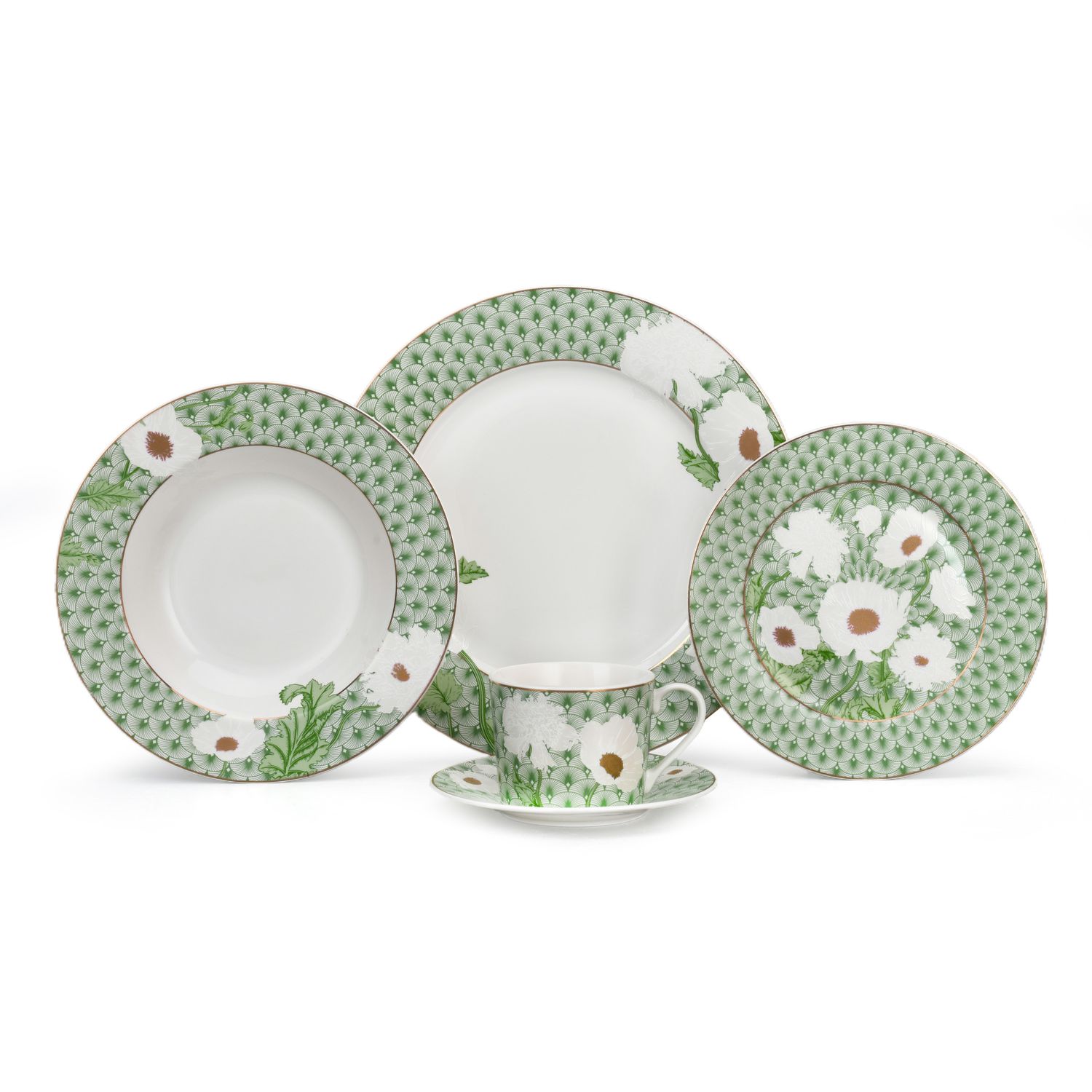 Magnoble Green Blossom Dinner Set with Flower Design Relief Pattern