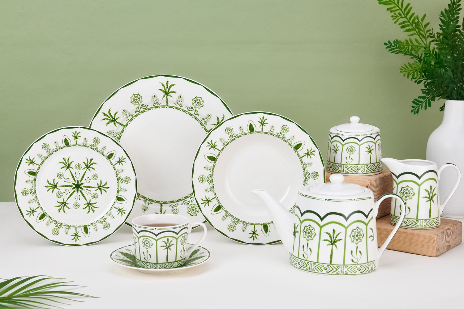 Spring Summer Flower Modern Ceramic Dinnerware Set with green flower pattern