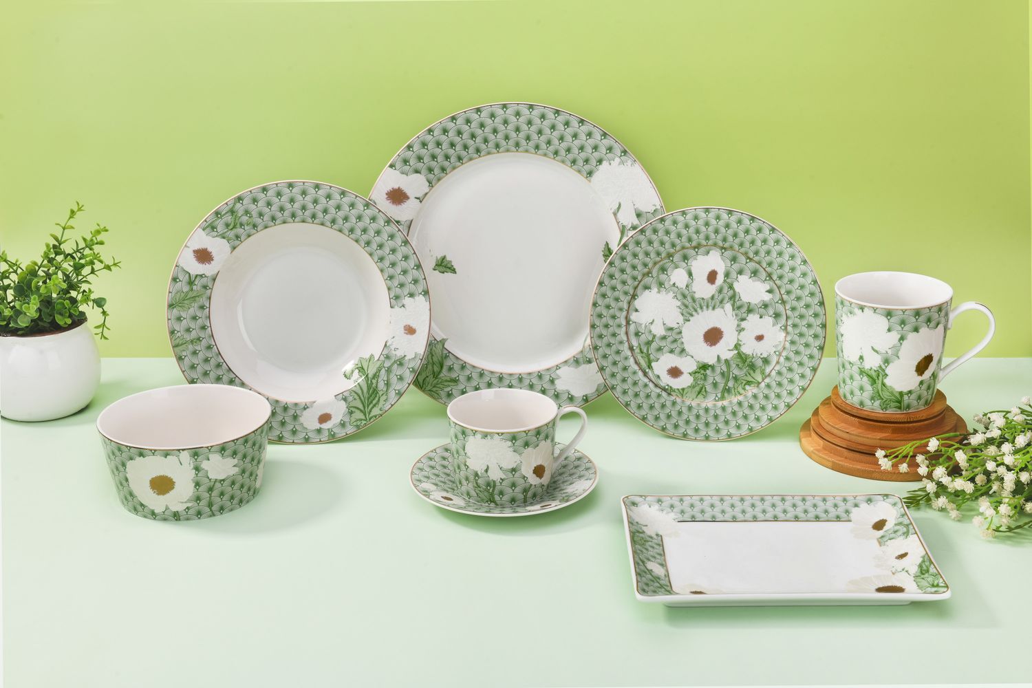 Magnoble Green Blossom Dinner Set with Flower Design Relief Pattern