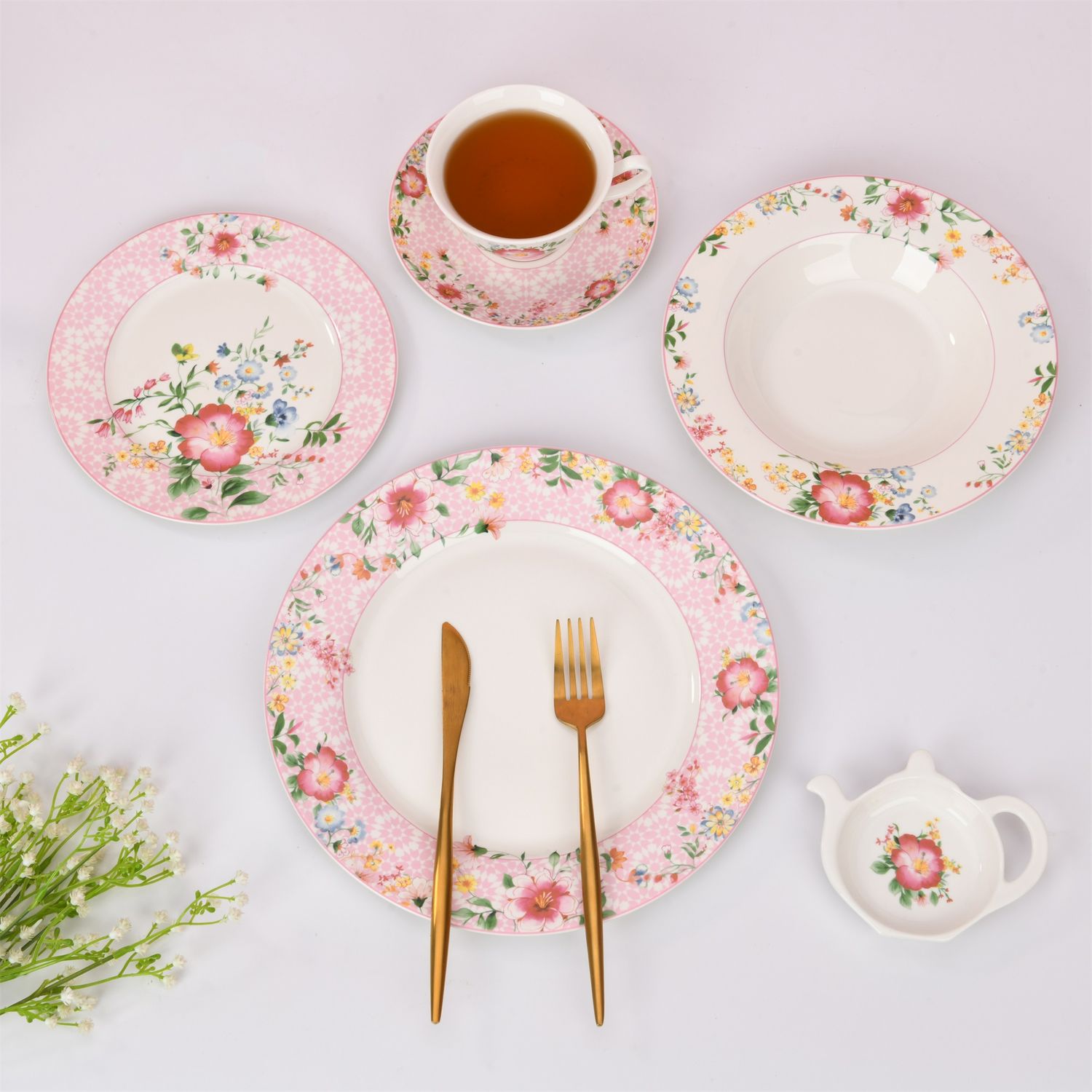 Magnoble Pink Flower Dinner Set Decal Custom Design Pattern