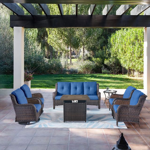 Patio Conversation Set 7-Piece with Fire Pit Table, Swivel Glider Chairs, Fixed Chair, Sofa and Side Table, NTC Series