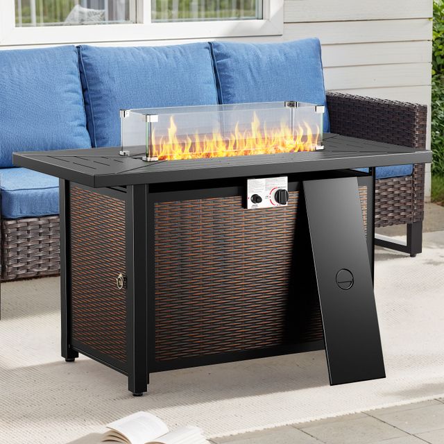 Rectangular Iron Fire Pit Table with Glass Cover, Lid