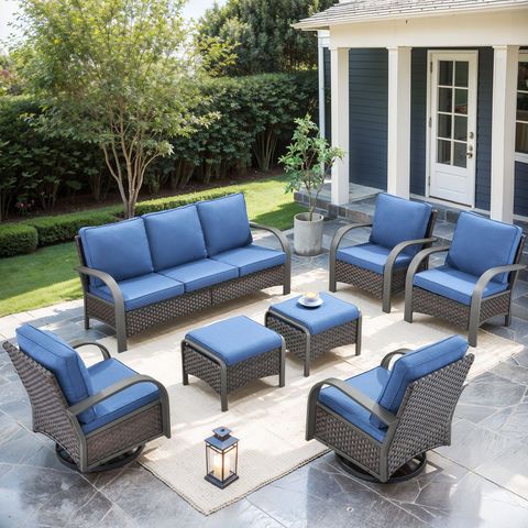 Patio Conversation Set 7-Piece with 1 Sofa, 2 Swivel Glider Chairs, 2 Fixed Chair, 2 Ottoman, HW Series