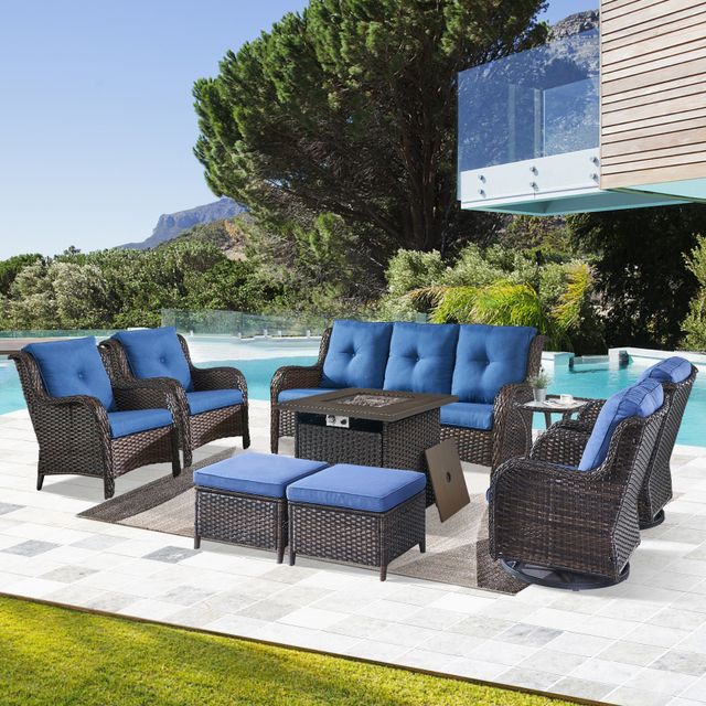 Patio Conversation Set 9-Piece with Fire Pit Table, Swivel Glider Chairs, Fixed Chair, Sofa, Side Table and Ottoman, NTC Series