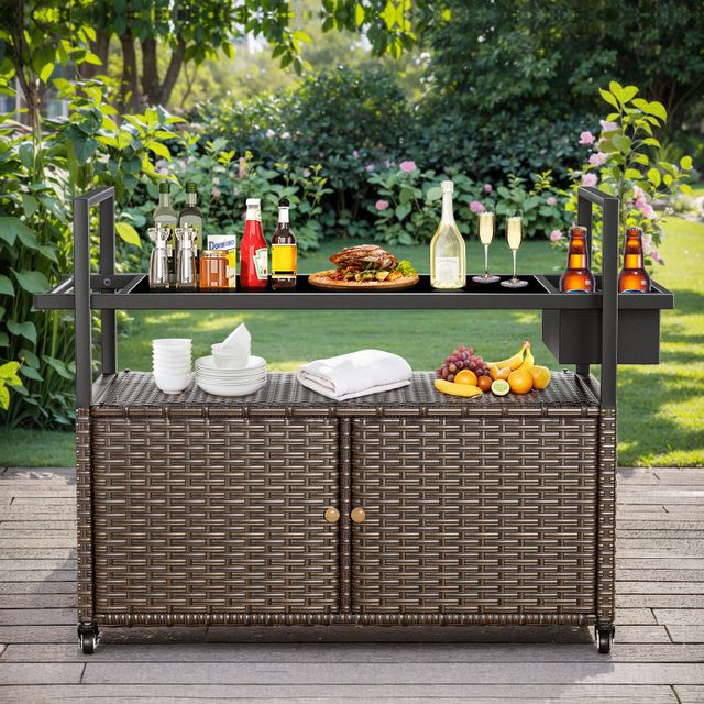 Outdoor Wicker Bar Cart Table with 4 Lockable Directional Wheels & Removable Ice Bucket