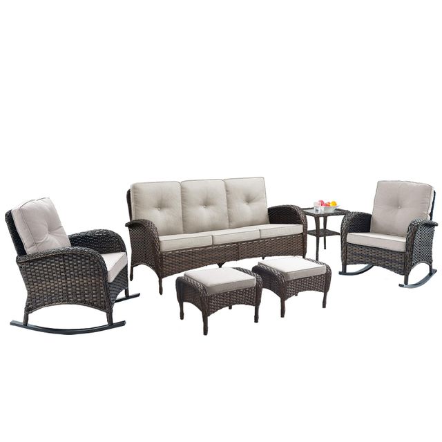 Patio Conversation Set 6-Piece with Sofa, Rocking Chairs, Side Table, and Ottoman, NDS Series