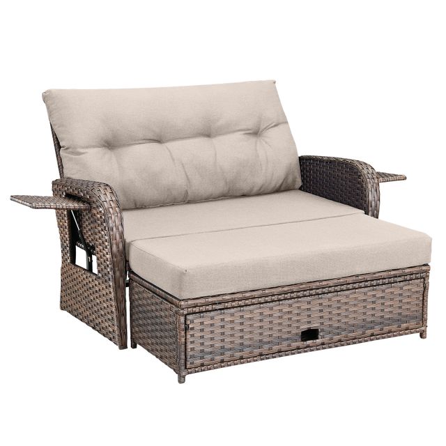 Outdoor Rattan Daybed Set with Multipurpose Ottoman & Side Tray, NDS Series