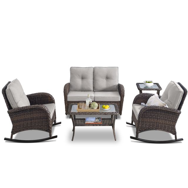 Patio Conversation Set 5-Piece with Loveseat, Rocking Chairs, Coffee Table, and Side Table, NDS Series