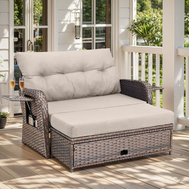 Outdoor Rattan Daybed Set with Multipurpose Ottoman & Side Tray, NDS Series