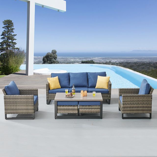 Patio Conversation Set 6-Piece with Sofa, Fixed Chairs, Coffee Table, and Ottoman, GRS Series