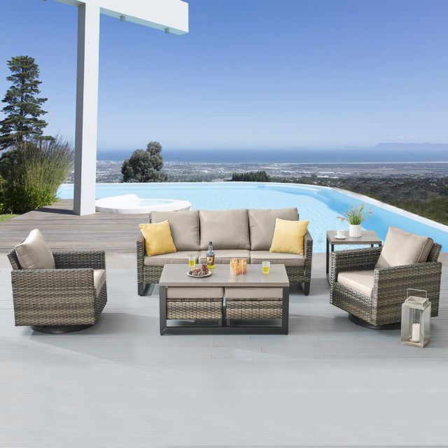 Patio Conversation Set 7-Piece with Sofa, Swivel Glider Chairs, Coffee Table, Side Table, and Ottoman, GRS Series