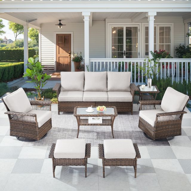 Patio Conversation Set 7-Piece with Sofa, Swivel Glider Chairs, Coffee Table, Side Table, and Ottoman, SS Series