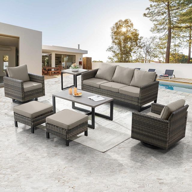 Patio Conversation Set 7-Piece with Sofa, Swivel Glider Chairs, Coffee Table, Side Table, and Ottoman, GRS Series