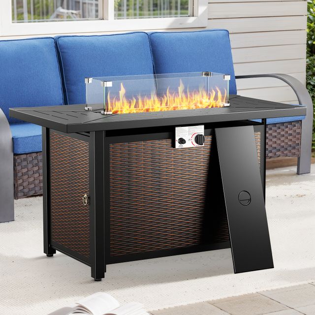 Rectangular Iron Fire Pit Table with Glass Cover, Lid