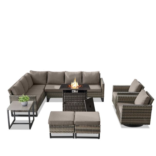 Patio Conversation Set 12-Piece with Large Sectional, Swivel Glider Chairs, Fire Pit Table, Side Table, and Ottoman, GRS Series