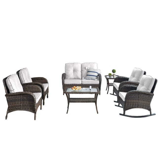 Patio Conversation Set 7-Piece with Loveseat, Rocking Chairs, Fixed Chairs, Coffee Table, and Side Table, NDS Series