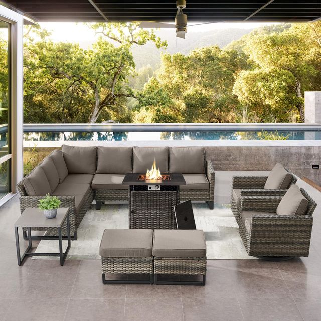 Patio Conversation Set 12-Piece with Large Sectional, Swivel Glider Chairs, Fire Pit Table, Side Table, and Ottoman, GRS Series