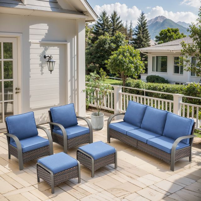 Patio Conversation Set 5-Piece with 1 Sofa, 2 Fixed Chair, 2 Ottoman, HW Series