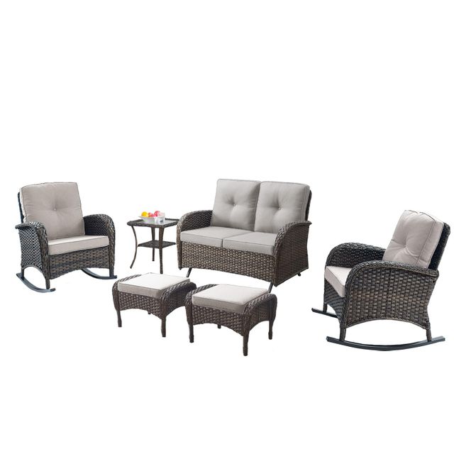 Patio Conversation Set 6-Piece with Glider Loveseat, Rocking Chairs, Side Table, and Ottoman, NDS Series