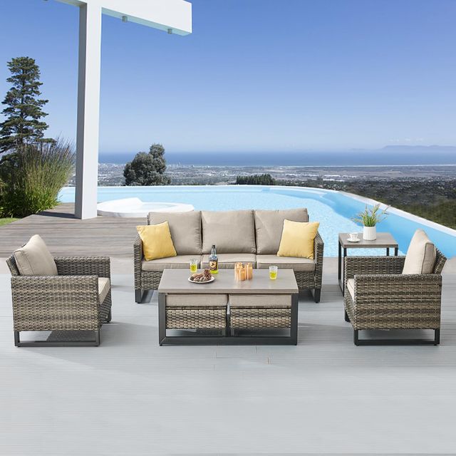 Patio Conversation Set 7-Piece with Sofa, Fixed Chairs, Coffee Table, Side Table, and Ottoman, GRS Series