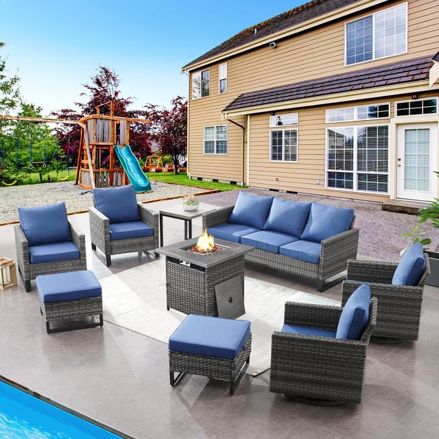 Patio Conversation Set 12-Piece with Sofa, Swivel Glider Chairs, Fixed Chairs, Fire Pit Table, Side Table, and Ottoman, GRS Series