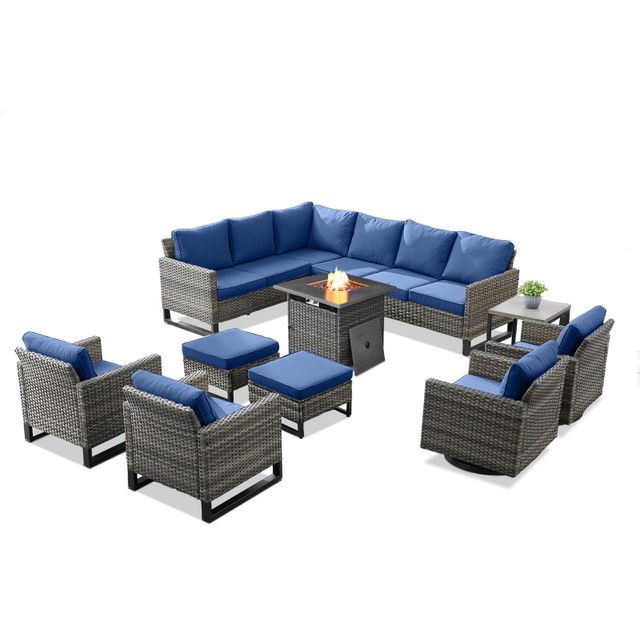 Patio Conversation Set 14-Piece with Large Sectional, Swivel Glider Chairs, Fixed Chairs, Fire Pit Table, Side Table, and Ottoman, GRS Series