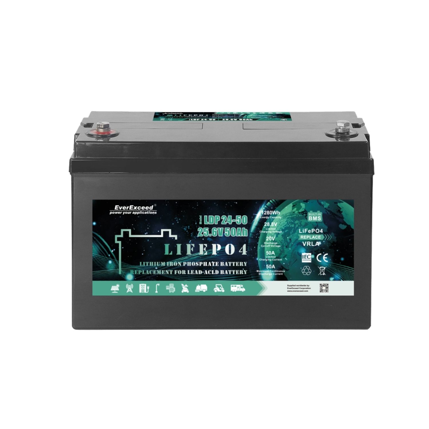 Everexceed 50ah 24v lifepo4 deep cycle battery for RV