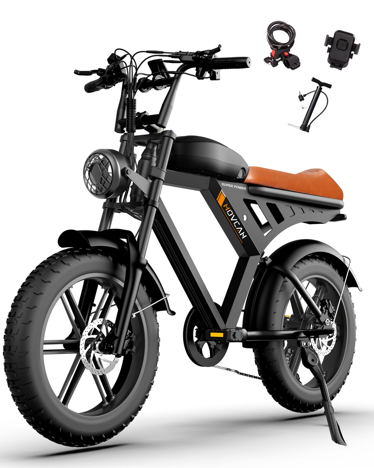 brown Movcan V30 1000W long-range off-road e-bike with accessories