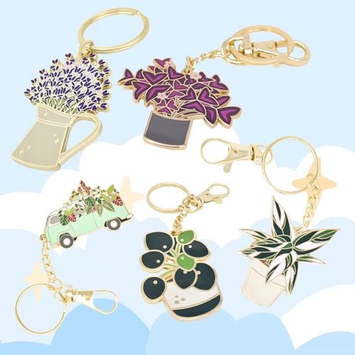 Manufacturer Hard Enamel Keychain Custom Logo Gold Plating Potted Plant Keyring Kawaii Cartoon Key Fob for Women Bag Pendant