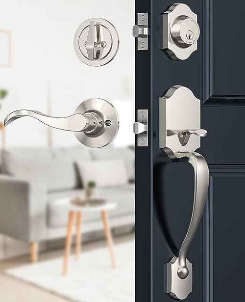 Satin Nickel Front Door Handle,Door Handle with Door Lever Adjustable Deadbolt Lock Set with Single Cylinder