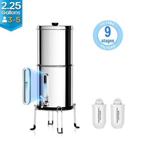 Purewell – BO Series - Unique Compound Filter Element, 2.25 Gallons Gravity-fed Water Filter System with Water Level Window, NSF Certified