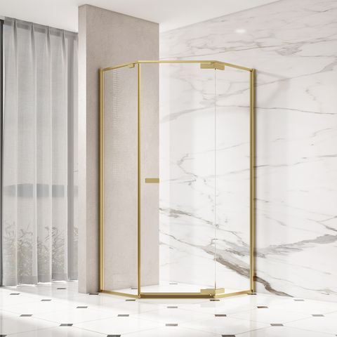 RVS hoek vijfhoekige scharnier swing gehard glas douchecabine PVD coating geborsteld goud afwerking