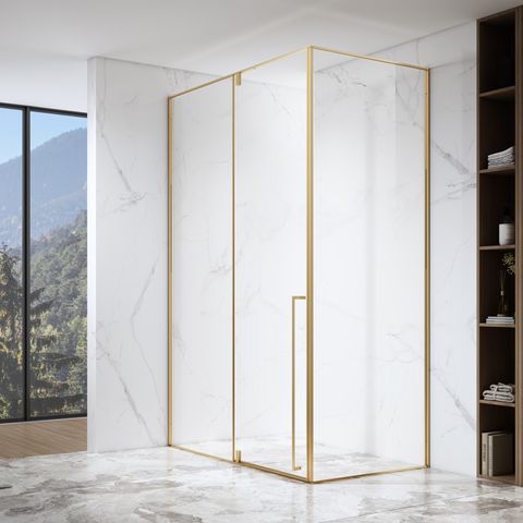 Mampara de ducha de vidrio templado con pivote rectangular de acero inoxidable y revestimiento PVD con acabado dorado cepillado