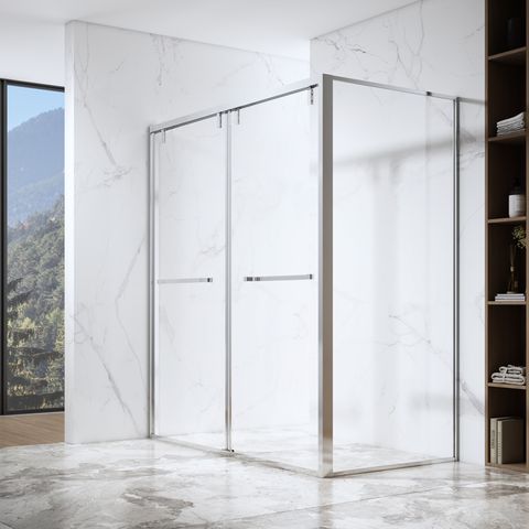 Roestvrijstalen rechthoekige bypass dubbele schuifdouchecabine van gehard glas PVD-coating, chromen afwerking met softclose-deur