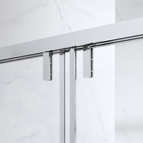 Roestvrijstalen rechthoekige bypass dubbele schuifdouchecabine van gehard glas PVD-coating, chromen afwerking met softclose-deur