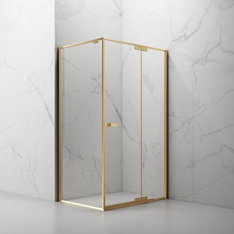 RVS Rechthoekige Scharnier Swing Gehard Glas Douchecabine PVD Coating Geborstelde Gouden Afwerking