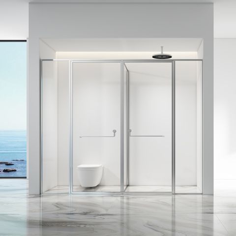 Mampara de ducha de vidrio templado con pivote en forma de T de acero inoxidable y revestimiento PVD para baño y aseo