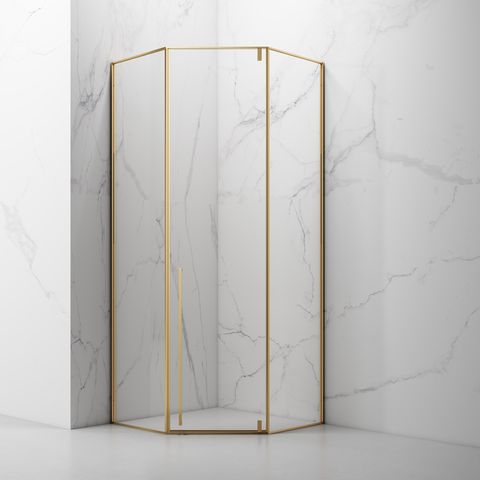 Stainless Steel Corner Pentagon Pivot Swing Tempered Glass Shower Enclosure PVD Coating Brushed Gold Finish