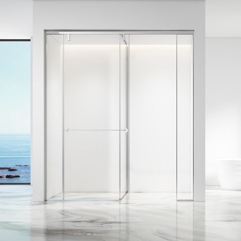 Box doccia scorrevole in vetro temperato a forma di T in acciaio inox con rivestimento PVD, finitura cromata e porta a chiusura ammortizzata, bagno e toilette