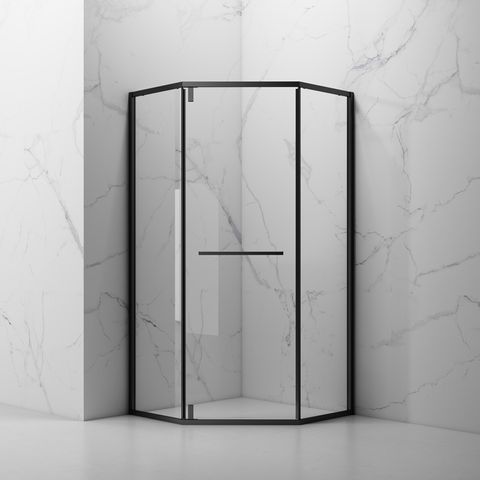 Cabine de douche en verre trempé avec charnière pentagonale d'angle en acier inoxydable et revêtement PVD, finition noir mat