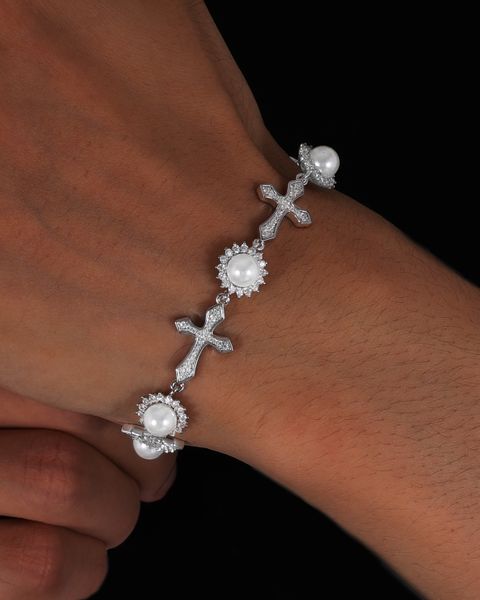 12MM MOISSANITE CROSS PEARL BRACELET - WHITE GOLD