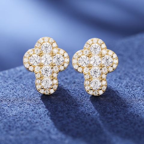 S925 CLUSTERED CROSS MOISSANITE STUD EARRINGS - GOLD