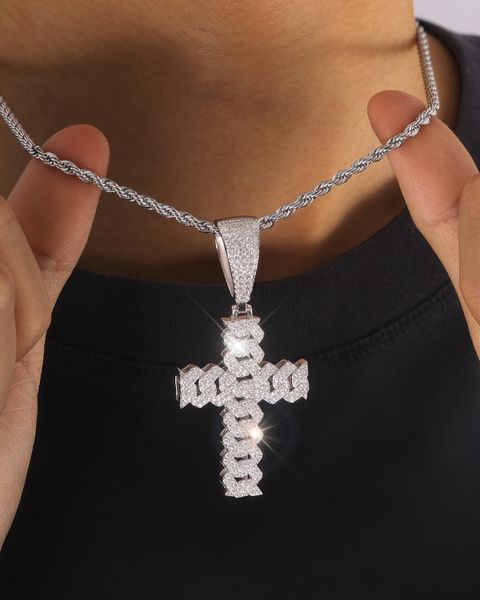 S925 MOISSANITE ICED CUBAN CROSS PENDANT - WHITE GOLD