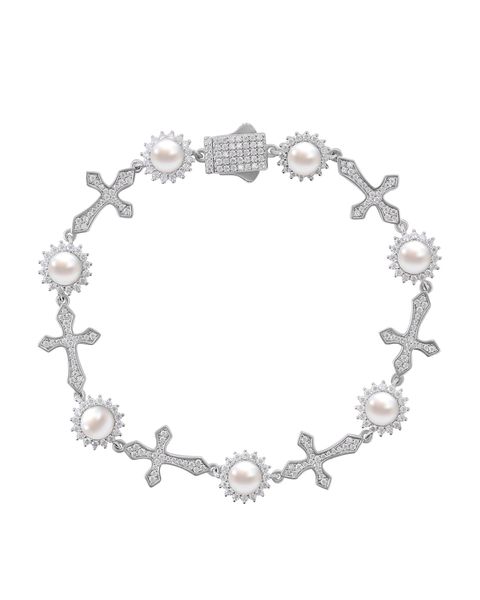 12MM MOISSANITE CROSS PEARL BRACELET - WHITE GOLD