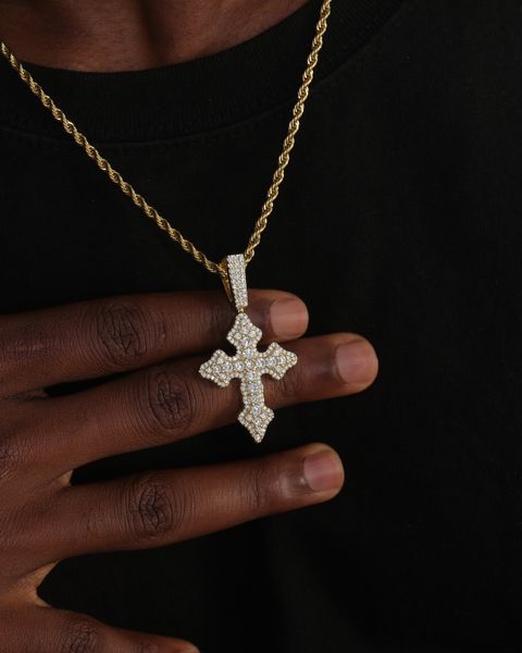 ICED BUDDED CROSS PENDANT - GOLD