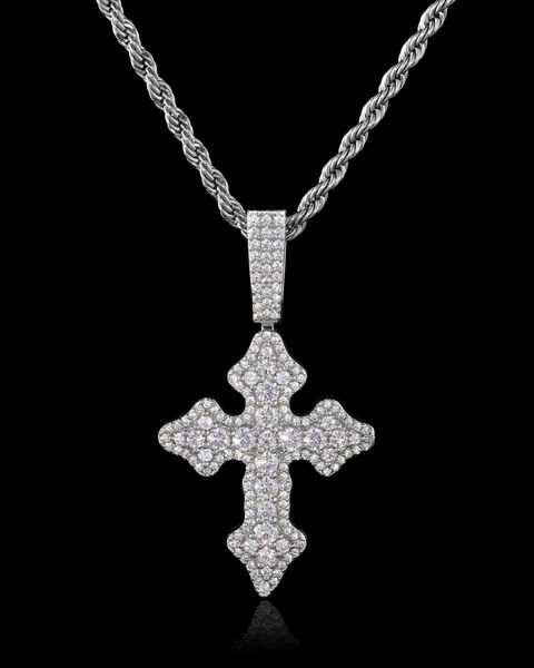 ICED BUDDED CROSS PENDANT - WHITE GOLD