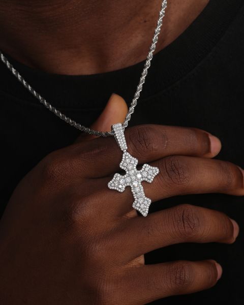 ICED BUDDED CROSS PENDANT - WHITE GOLD