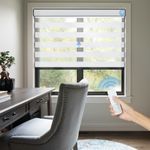 Wireless remote controlled motorized zebra shades in a stylish home study, highlighting precise positioning and quiet operation